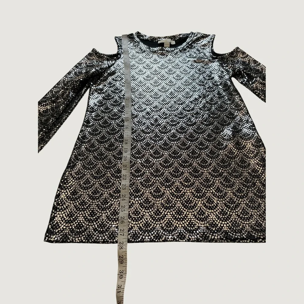 Michael Kors Womens Black Silver Metallic Cold Shoulder Scallop Tunic Top Medium